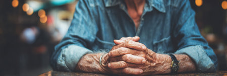 An older man rests his hands on a table in a bustling cafe, surrounded by the warm ambiance of evening activity and the chatter of patrons nearby.の素材