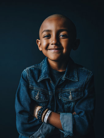 A young boy smiles warmly while wearing a denim jacket, showing a confident demeanor against a deep dark backdrop, capturing a moment of joy and style.の素材