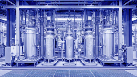 Large stainless steel vessels stand in an industrial setting dedicated to chemical production, showcasing advanced technology and engineering.の素材