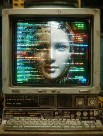 A retro computer screen shows a digital face, half human and half made of colorful code.の素材