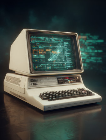 A vintage computer sits prominently with a glowing screen showing intricate data analysis. The retro futuristic environment enhances its nostalgic charm.の素材