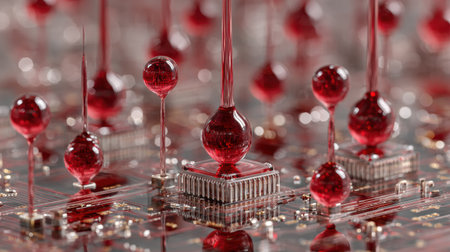 Detailed examination of a circuit board featuring red liquid droplets positioned above microchips, highlighting innovation and technology in engineering.の素材