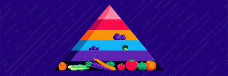 This visual guide uses vibrant colors to display a food pyramid, showing different fruits and vegetables. It emphasizes healthy eating for better nutrition.の素材