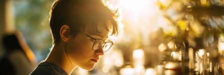 A young individual with glasses focuses intently on something in a cafe, bathed in golden sunset light, surrounded by soft blurred plants and ambiance.の素材
