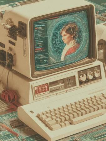 A vintage computer sits on a circuit board backdrop, showcasing a womans profile on the monitor adorned with futuristic digital elements and information.の素材