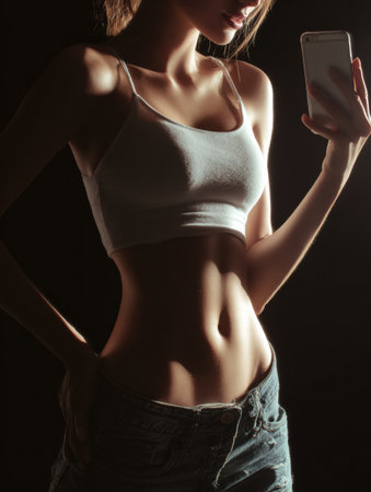 A woman stands with one hand on her hip and the other holding a smartphone, highlighting her athletic figure in a low-light environment at night.の素材