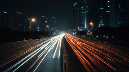 Bright light trails from cars on a bustling road at night, framed by modern skyscrapers under a dark sky, showcasing urban life and movement.の素材