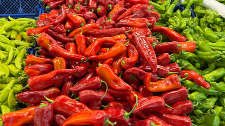 Fresh red and green peppers arranged in a market, highlighting their vibrant colors and freshness under clear daylight.の写真素材