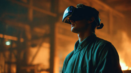A young man fully immersed in virtual reality stands in an industrial environment, surrounded by warm light and an engaging atmosphere during the evening.の素材