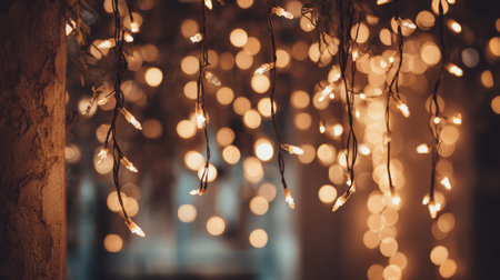 Strings of warm lights hang down, illuminating the surrounding space with a soft glow, creating a festive and inviting atmosphere for an evening gathering.の素材