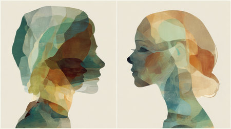 Two female profiles are illustrated with a blend of vibrant colors, creating an artistic representation of emotions and unity.の素材