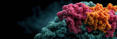 Vivid representation of molecular structures showing rich colors and intricate textures, creating a dynamic visual effect against a dark background.の素材