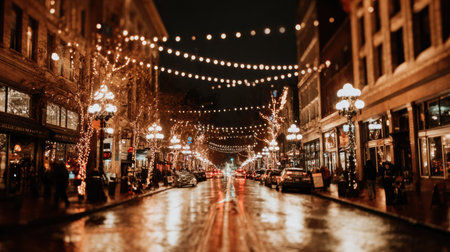 Street adorned with twinkling lights creates a vibrant atmosphere as people enjoy the evening. The wet pavement reflects the colorful displays.の素材