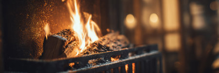 Flickering flames rise from logs in a fireplace, filling the room with warmth and a comforting glow during the evening hours.の素材