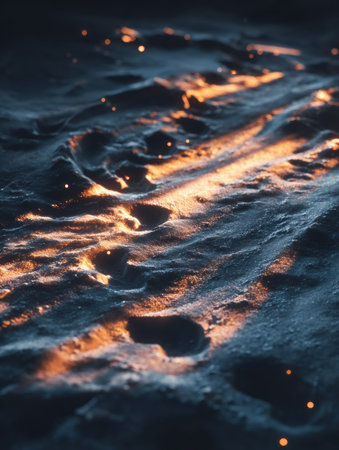 Footprints trace along a beach, illuminated by golden light reflecting on the water, creating a serene yet mysterious scene at sunset.の素材