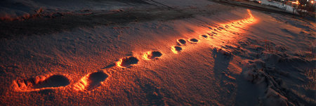Footprints create a trail on freshly fallen snow, glowing from the warm light of sunset. The scene captures tranquility and winter beauty in an outdoor area.の素材