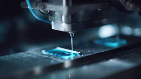 Liquid is precisely applied onto a metal surface by a high-tech machine, showing an advanced manufacturing process in a dimly lit workshop.の素材