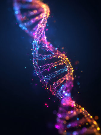 Colorful strands of DNA twist elegantly in a dark space, illuminated by vibrant lights, capturing the beauty of genetic structures and molecular designs.の素材