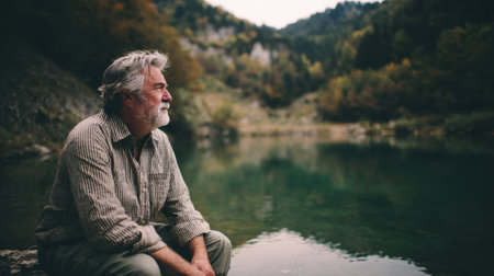 A thoughtful man enjoys the peace by a serene lake surrounded by autumn foliage and mountains. The time of day adds a warm glow to the scene.の素材