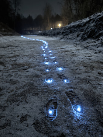A winding trail of illuminated footprints marks a snowy path, guiding the way through a quiet night as faint lights shimmer in the background.の素材