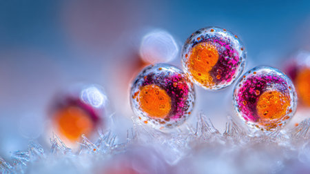 Glimmering droplets in various colors rest on a delicate surface, showing their shimmering details and capturing the essence of natural beauty.の素材