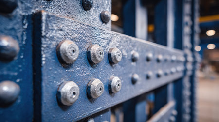 Detailed shot of a blue metal structure with visible bolts showing a textured surface in an industrial environment, capturing various elements of design.の素材
