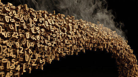 A captivating display of wooden numbers arranged in an arch, surrounded by a mysterious mist, highlighting craftsmanship and artistic expression.の素材