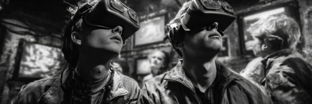 Two individuals wearing virtual reality headsets explore a dark, immersive setting filled with screens and digital elements, fully engaged in their adventure.の素材