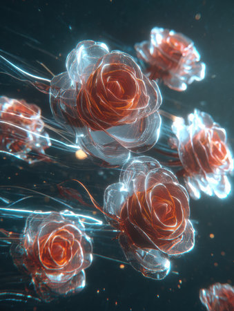 A captivating arrangement of transparent roses appears to float through a dreamy, star-filled background, radiating a gentle glow, evoking a magical ambiance.の素材