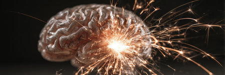 A brain is shown radiating sparks, symbolizing intense creativity and intelligence. The dark background highlights this powerful and dynamic moment.の素材