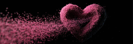 A vibrant heart shape formed by fine pink particles is depicted against a dark backdrop, symbolizing love and artistic expression through kinetic energy.の素材