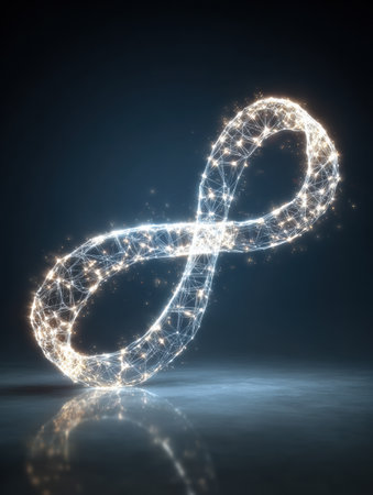 A striking infinity symbol made of sparkling lights stands out against a calm, dark background, showing beauty and creativity in design.の素材