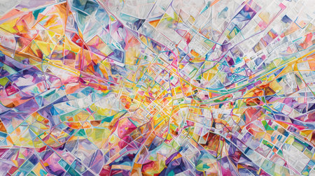 Vibrant abstract artwork depicting a city layout filled with bright colors and dynamic shapes, evoking energy and movement in urban life.の素材
