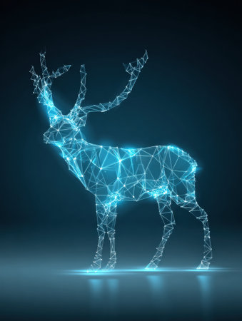 A reindeer is formed from glowing blue lines and shapes, set against a dark backdrop, creating a modern and artistic digital effect.の素材
