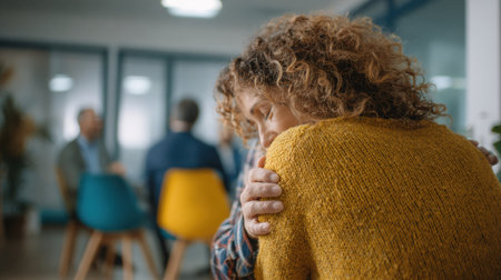 A person offers comfort with a gentle hug while seated in a stylish office. Background includes blurred figures engaged in discussion about support.の素材