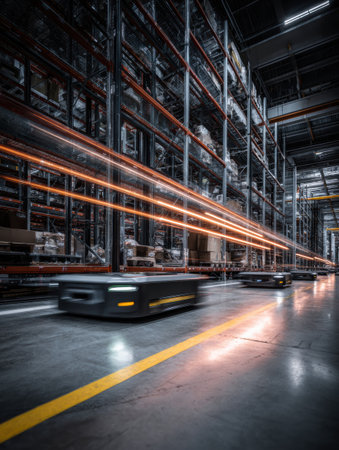 Automated robots navigate efficiently in a busy warehouse illuminated by bright lights.の素材