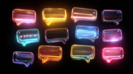 A collection of glowing chat bubbles in bright colors illuminates the dark background, representing the excitement of modern conversations in digital spacesの素材