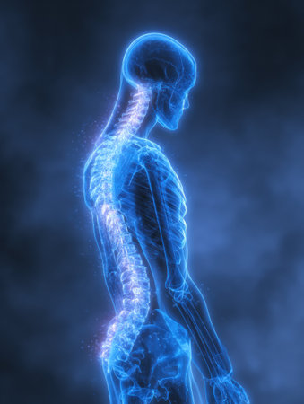 A transparent figure stands in profile, highlighting the human spine glowing in blue light, set against a dark and mysterious backdrop, emphasizing anatomy.の素材