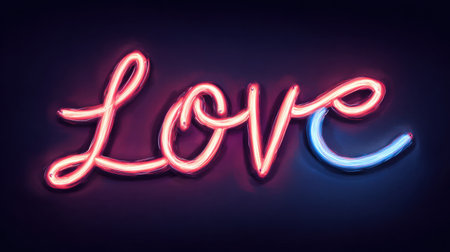 Bright neon sign spelling love shines in vibrant colors against a dark backdrop, adding warmth to any romantic setting. Perfect for special occasions.の素材