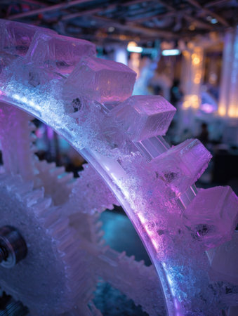 Intricately carved ice sculpture features a gear design and glows with vibrant colors, enhancing the festive atmosphere of a winter celebration.の素材