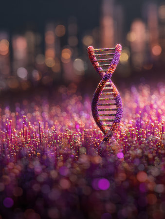 A stunning representation of a DNA strand stands tall among a vivid array of colorful spheres set against a blurred city skyline.の素材
