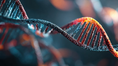 Colorful DNA strands twist through a dark background, highlighting their intricate molecular structure and emphasizing the beauty of genetic informationの素材
