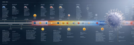 Visual representation shows the vast scale of the universe, illustrating atomic and subatomic particles alongside cosmic elements and their interactions.の素材