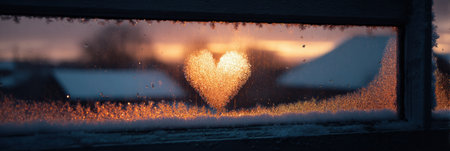 A heart shape appears in frost on a window as the sun sets, casting warm light on snow-covered rooftops in the distance.の素材