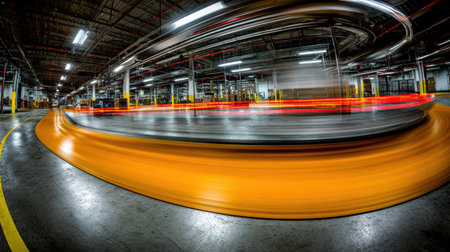 A busy warehouse is captured with a vibrant orange conveyor belt in motion, highlighting the efficiency of logistics operations during peak activity hours.の素材