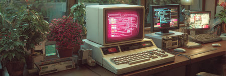 A retro workstation features a vintage computer and modern monitors, surrounded by vibrant indoor plants, creating a cozy and nostalgic atmosphere.の素材