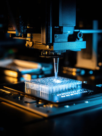 Advanced machinery rapidly fabricates intricate micro-components under soft lighting, showing the precision and innovation in modern manufacturing techniquesの素材