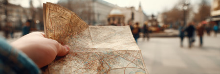 A person holds an aged map while walking through a bustling city street filled with pedestrians. The scene captures urban exploration and adventure.の素材
