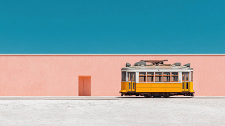 A classic yellow tram is displayed next to a striking pink wall under a bright blue sky, presenting a unique blend of architecture and transportation.の素材