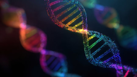 Vivid representation of DNA strands featuring a rainbow spectrum, highlighting the complexity of genetic material in a captivating visual format.の素材